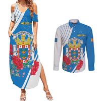 Melilla Couples Matching Summer Maxi Dress and Long Sleeve Button Shirt Coat Of Arms Red Carnation