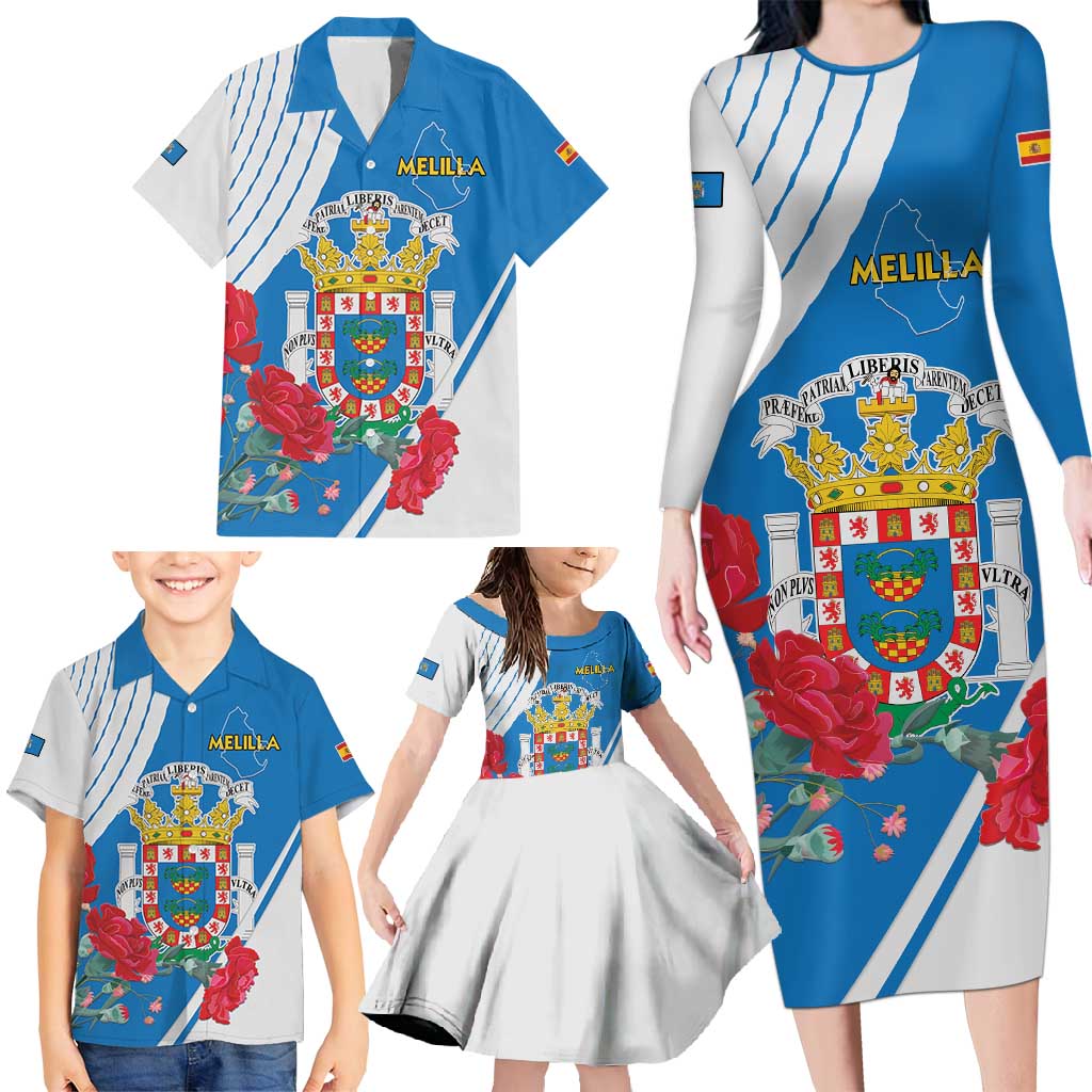 Melilla Family Matching Long Sleeve Bodycon Dress and Hawaiian Shirt Coat Of Arms Red Carnation