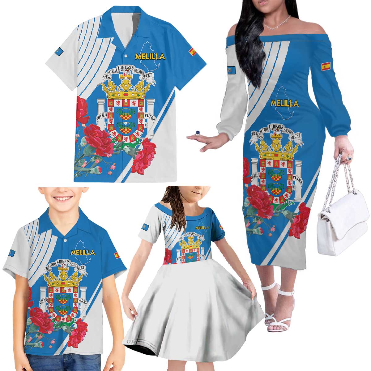 Melilla Family Matching Off The Shoulder Long Sleeve Dress and Hawaiian Shirt Coat Of Arms Red Carnation