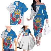Melilla Family Matching Off The Shoulder Long Sleeve Dress and Hawaiian Shirt Coat Of Arms Red Carnation