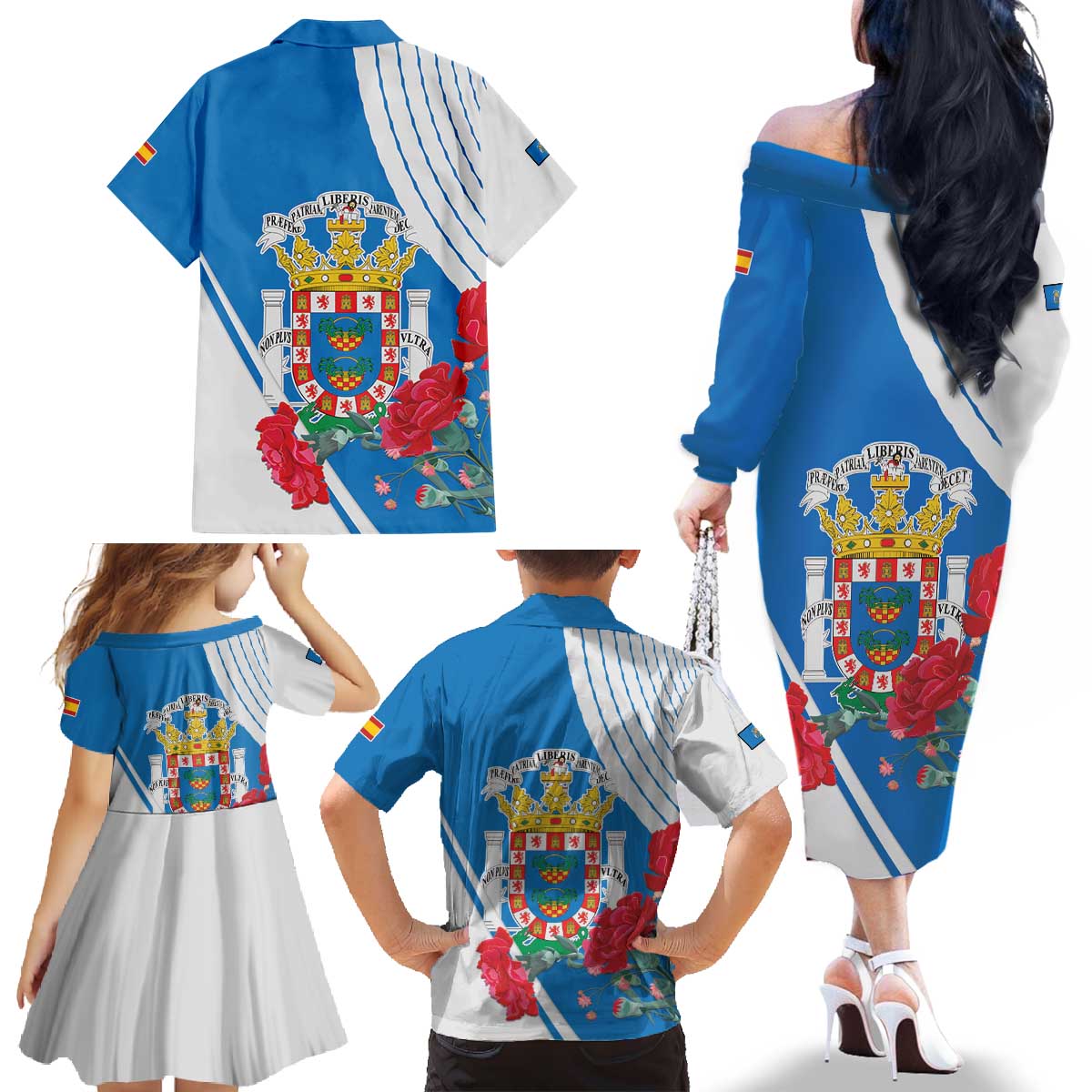 Melilla Family Matching Off The Shoulder Long Sleeve Dress and Hawaiian Shirt Coat Of Arms Red Carnation