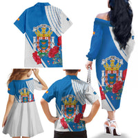 Melilla Family Matching Off The Shoulder Long Sleeve Dress and Hawaiian Shirt Coat Of Arms Red Carnation