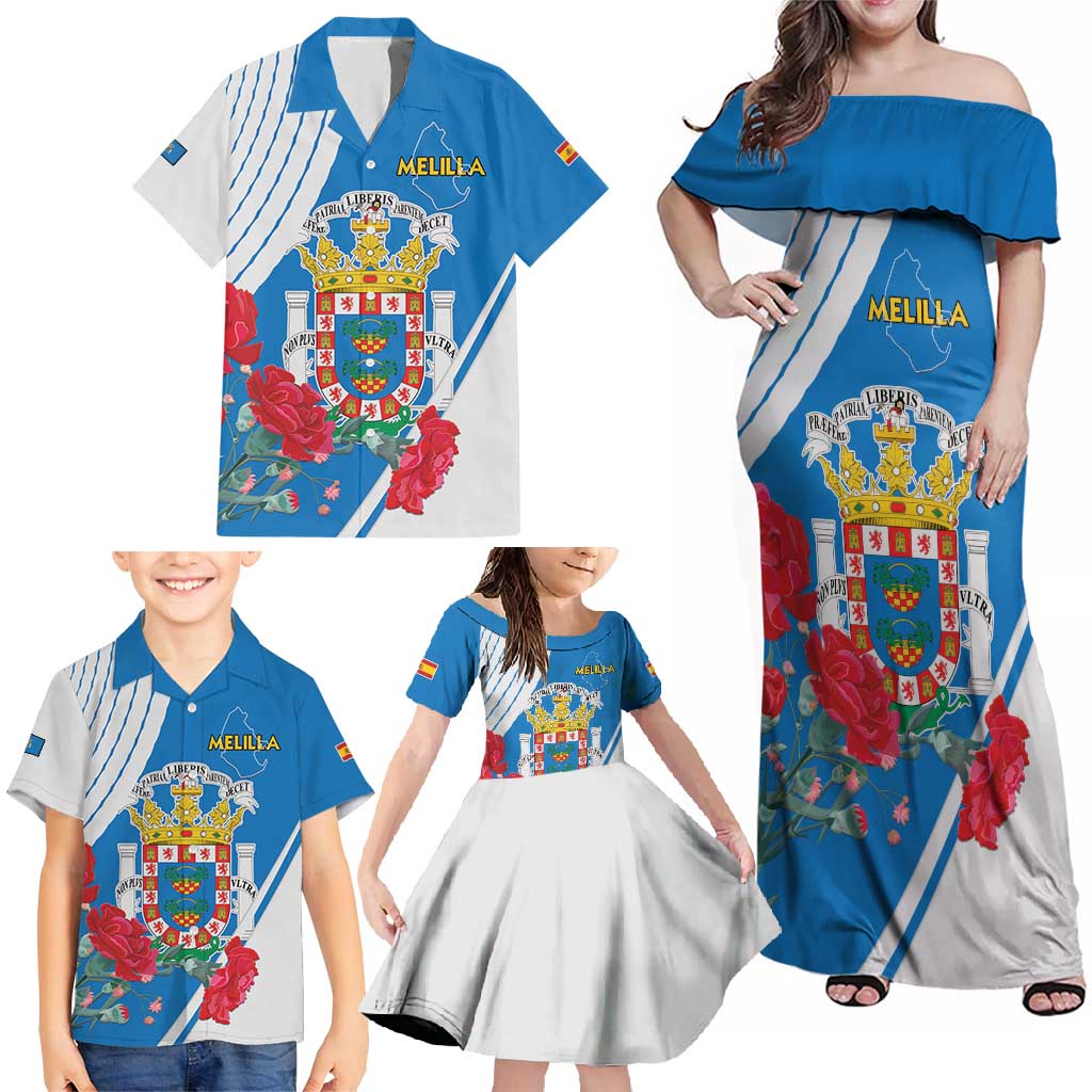 Melilla Family Matching Off Shoulder Maxi Dress and Hawaiian Shirt Coat Of Arms Red Carnation