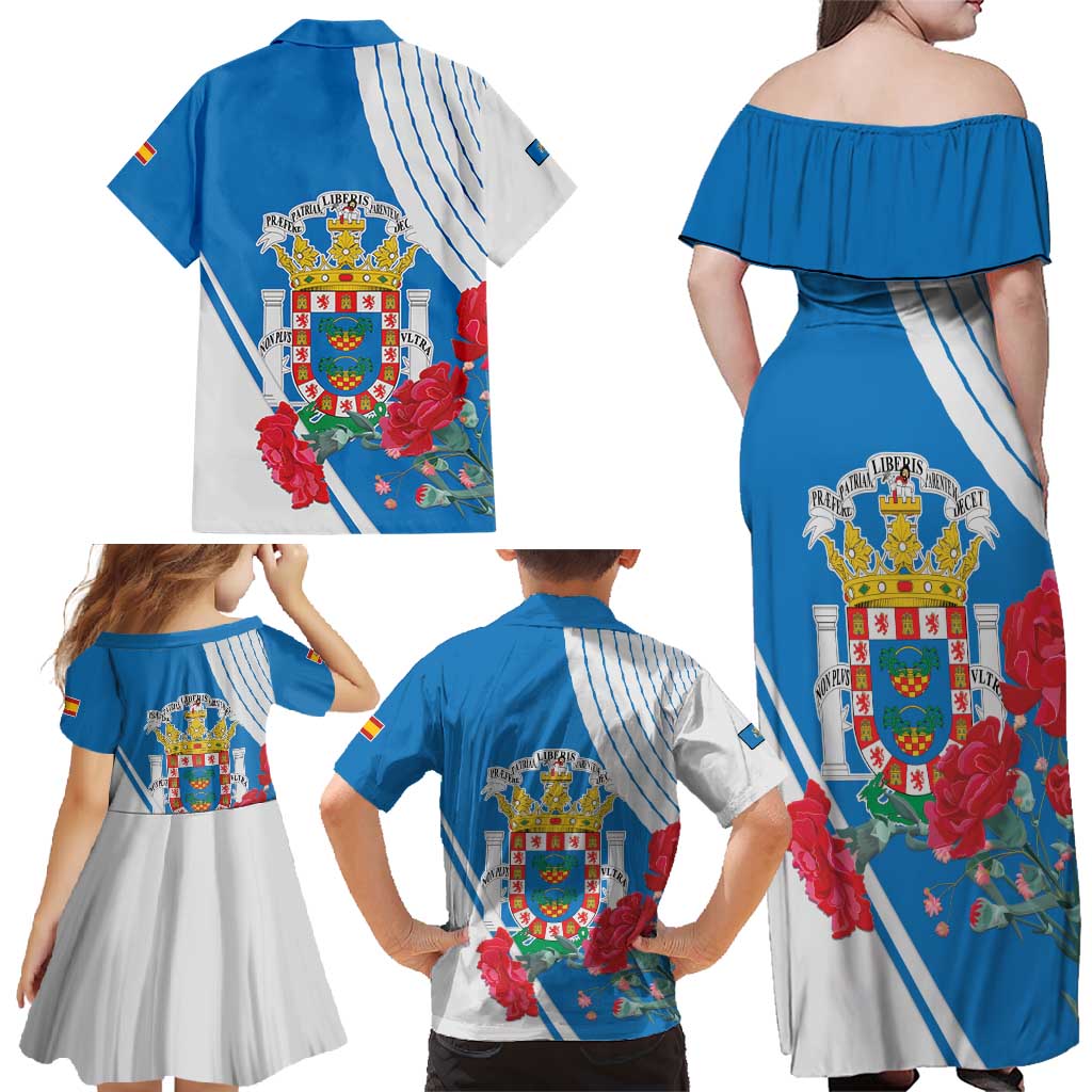 Melilla Family Matching Off Shoulder Maxi Dress and Hawaiian Shirt Coat Of Arms Red Carnation