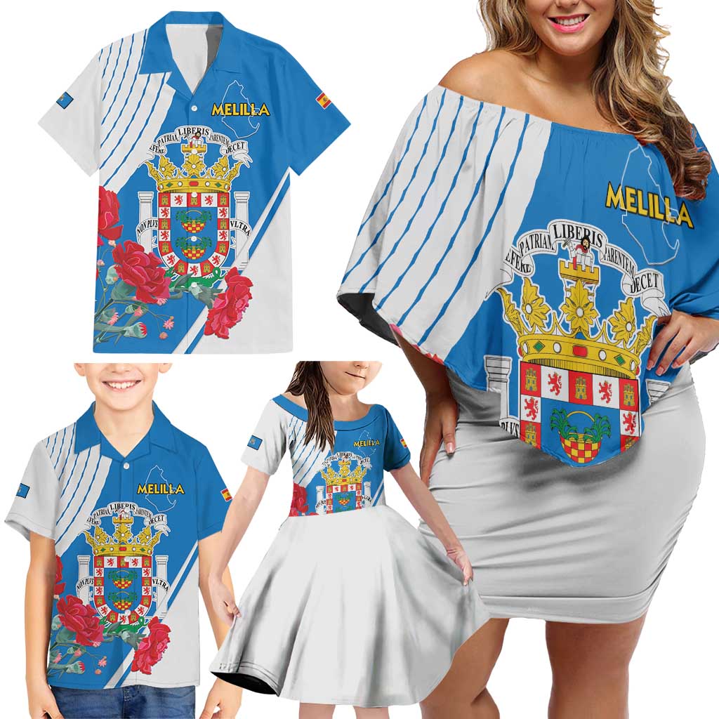 Melilla Family Matching Off Shoulder Short Dress and Hawaiian Shirt Coat Of Arms Red Carnation