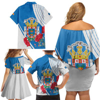 Melilla Family Matching Off Shoulder Short Dress and Hawaiian Shirt Coat Of Arms Red Carnation