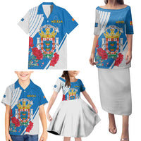 Melilla Family Matching Puletasi and Hawaiian Shirt Coat Of Arms Red Carnation