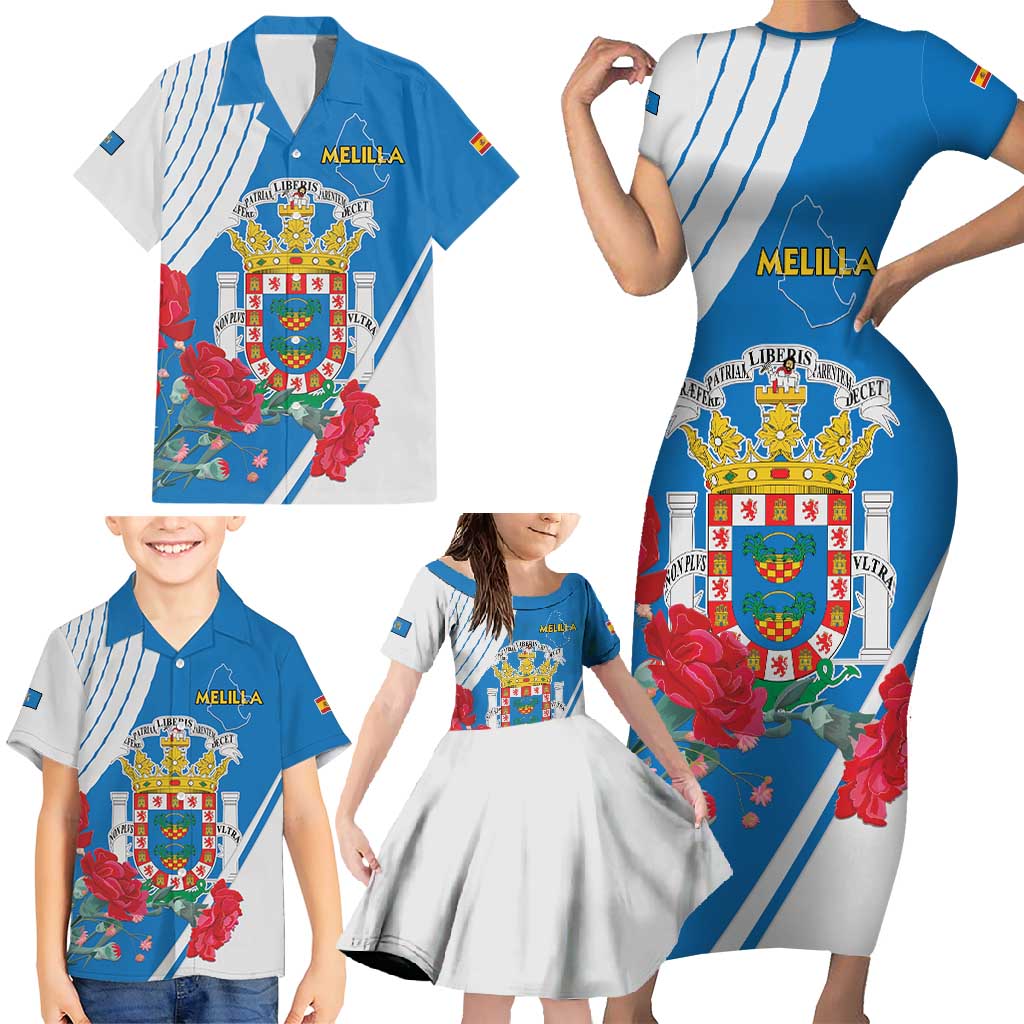 Melilla Family Matching Short Sleeve Bodycon Dress and Hawaiian Shirt Coat Of Arms Red Carnation