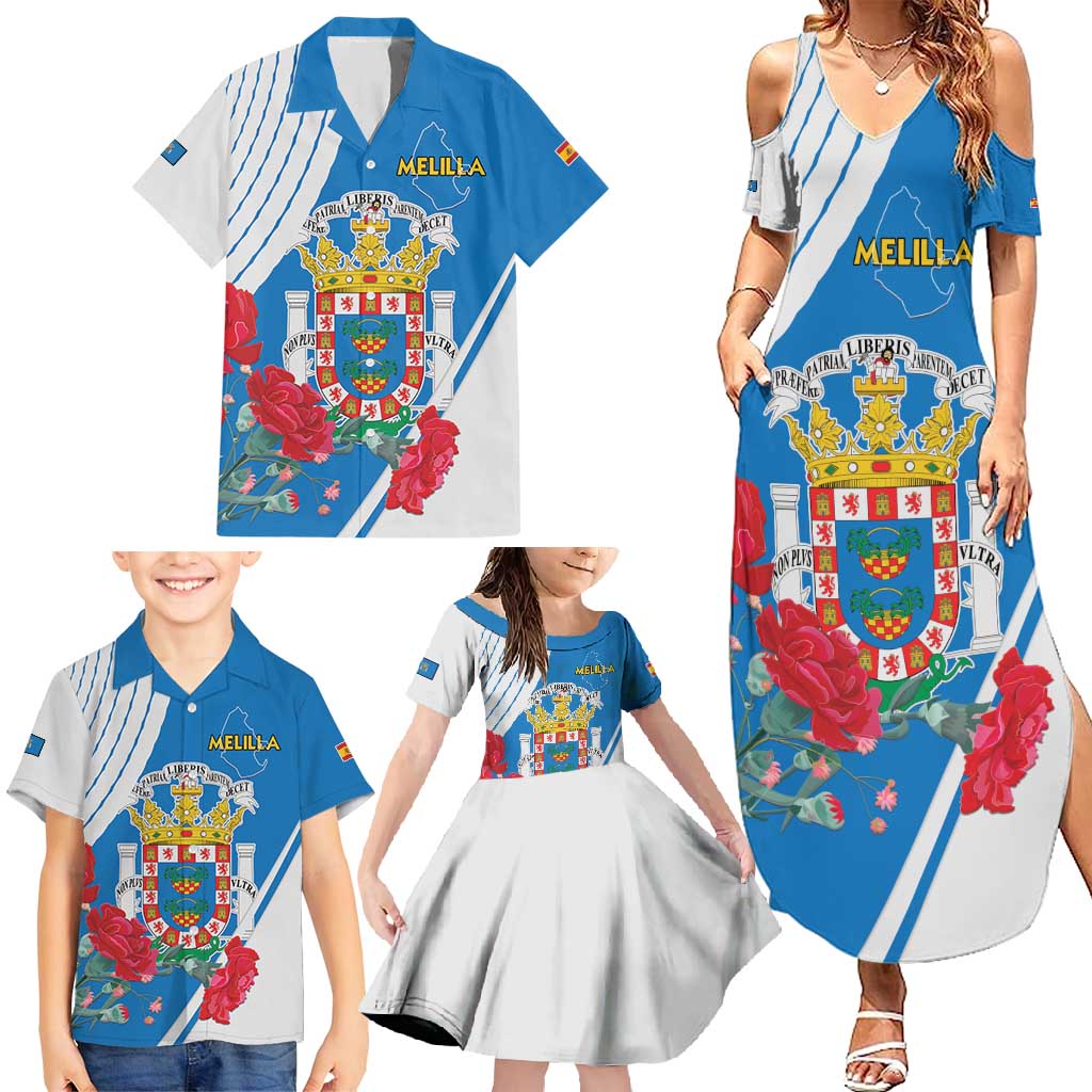 Melilla Family Matching Summer Maxi Dress and Hawaiian Shirt Coat Of Arms Red Carnation