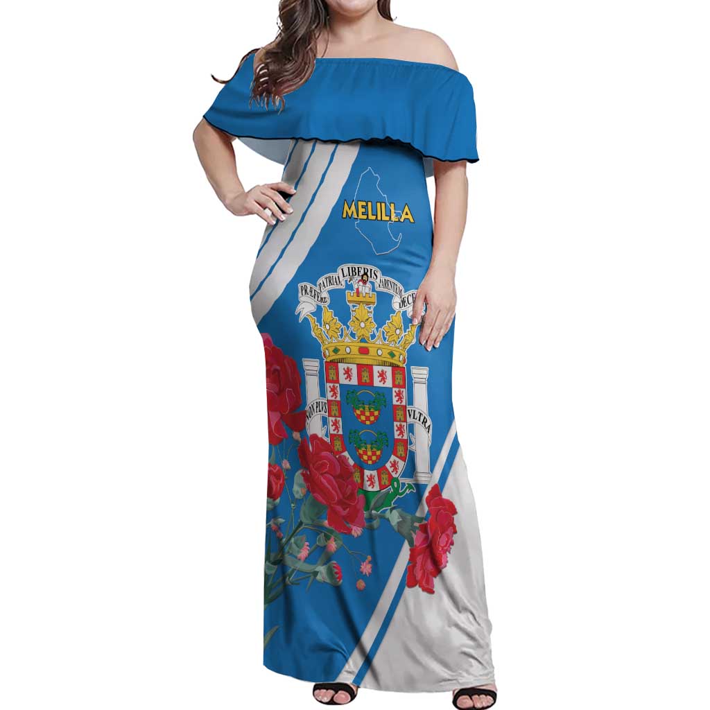 Melilla Off Shoulder Maxi Dress Coat Of Arms Red Carnation