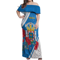 Melilla Off Shoulder Maxi Dress Coat Of Arms Red Carnation