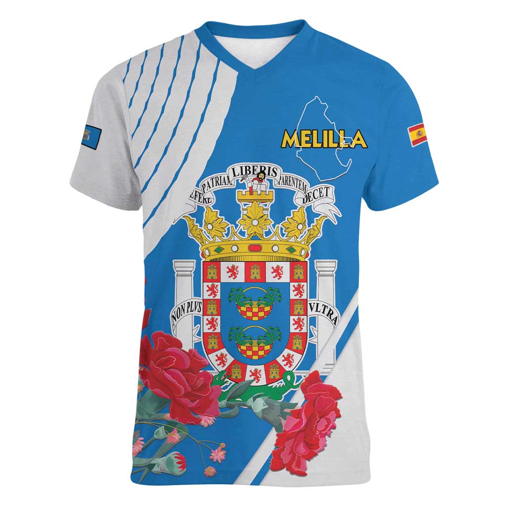 Melilla Women V-Neck T-Shirt Coat Of Arms Red Carnation