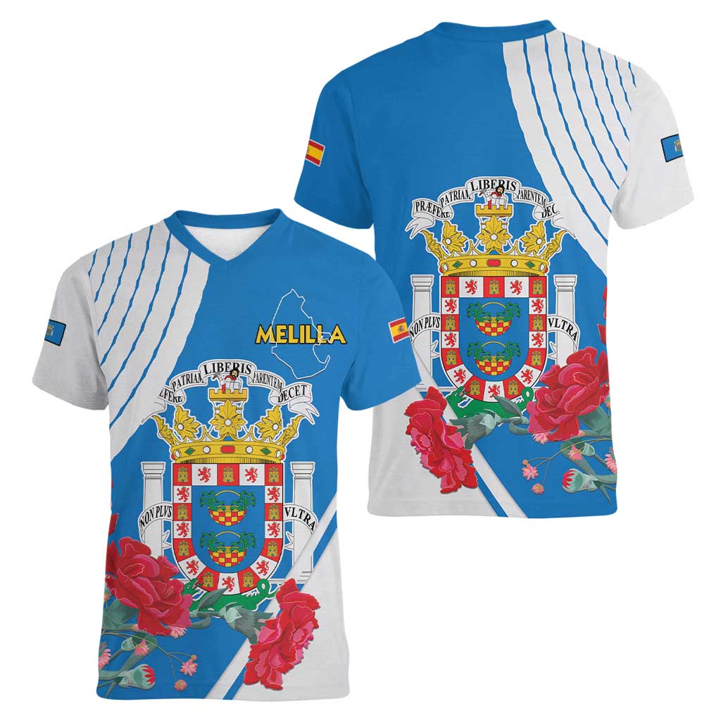 Melilla Women V-Neck T-Shirt Coat Of Arms Red Carnation
