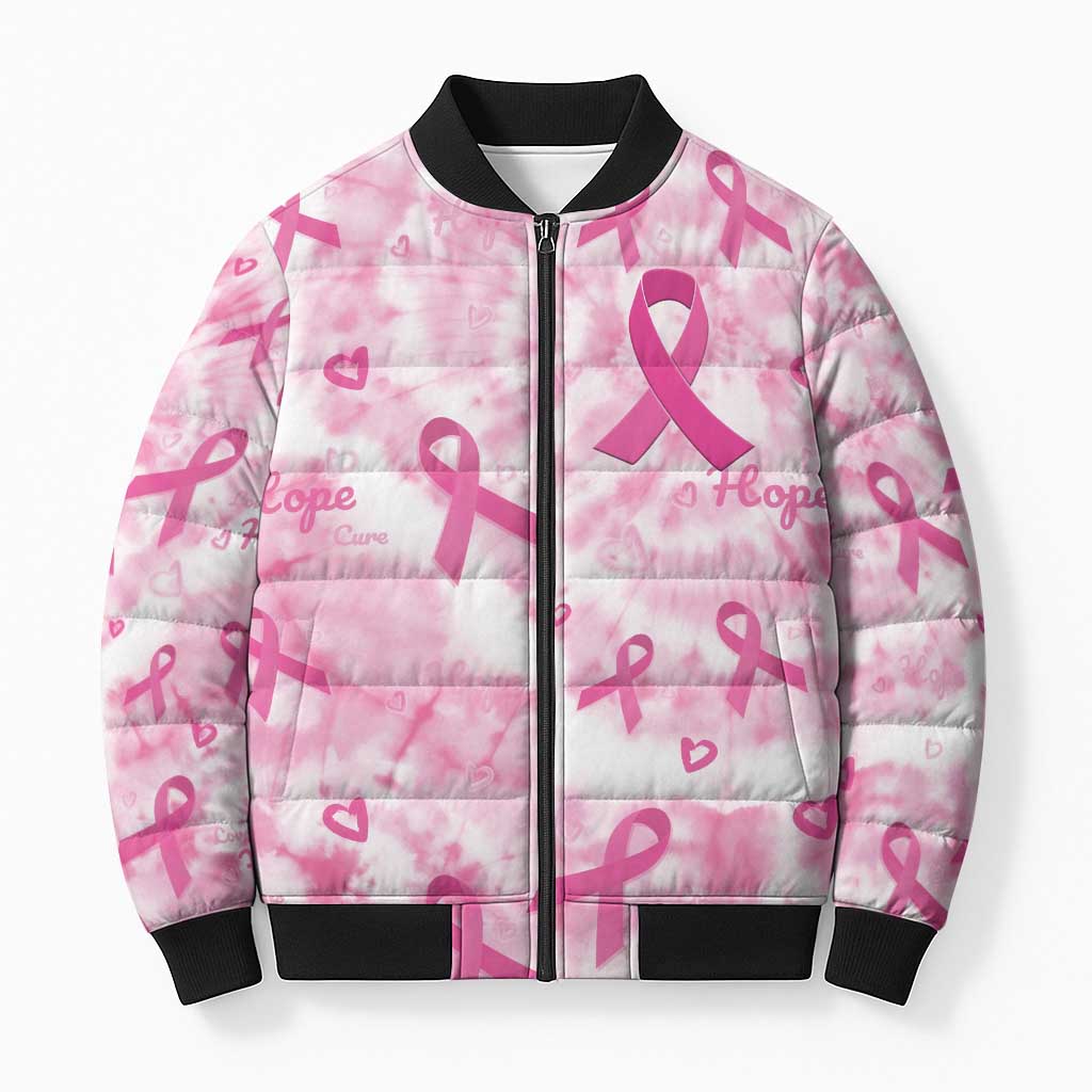Breast Cancer Awareness Pink Ribbon Bomber Puffer Jacket Tie Dye Style - Wonder Print Shop