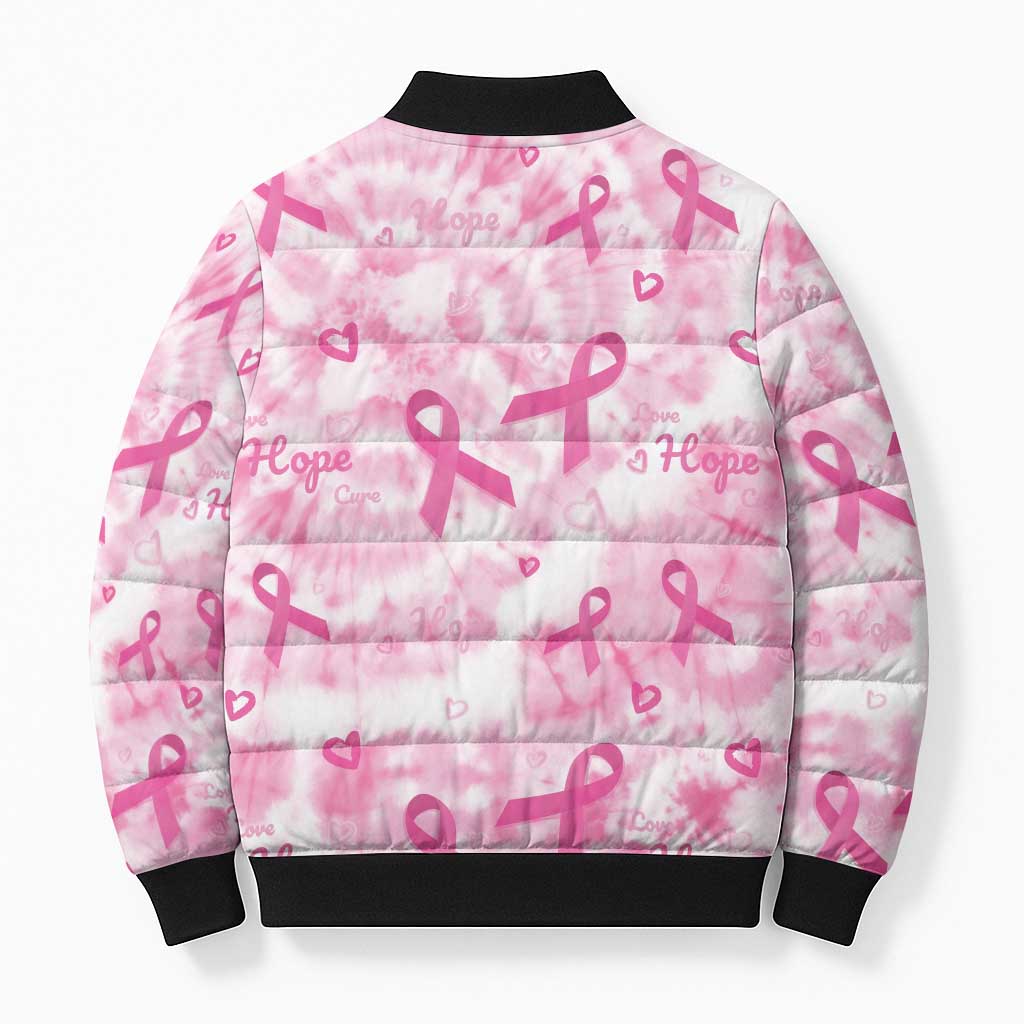 Breast Cancer Awareness Pink Ribbon Bomber Puffer Jacket Tie Dye Style - Wonder Print Shop