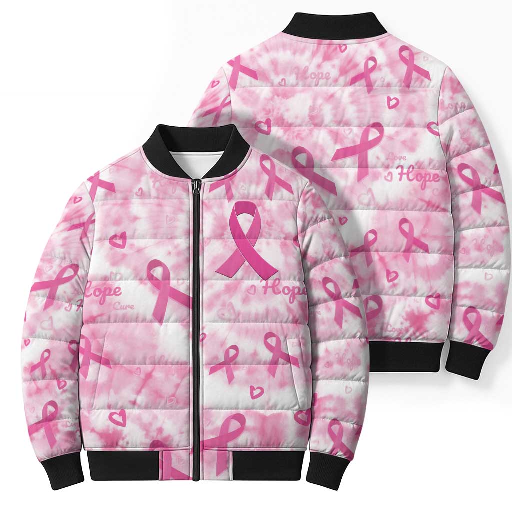 Breast Cancer Awareness Pink Ribbon Bomber Puffer Jacket Tie Dye Style - Wonder Print Shop