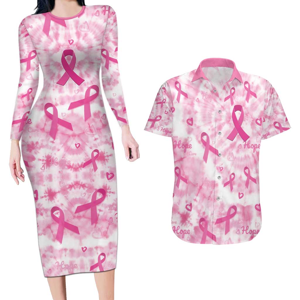 Breast Cancer Awareness Pink Ribbon Couples Matching Long Sleeve Bodycon Dress and Hawaiian Shirt Tie Dye Style - Wonder Print Shop