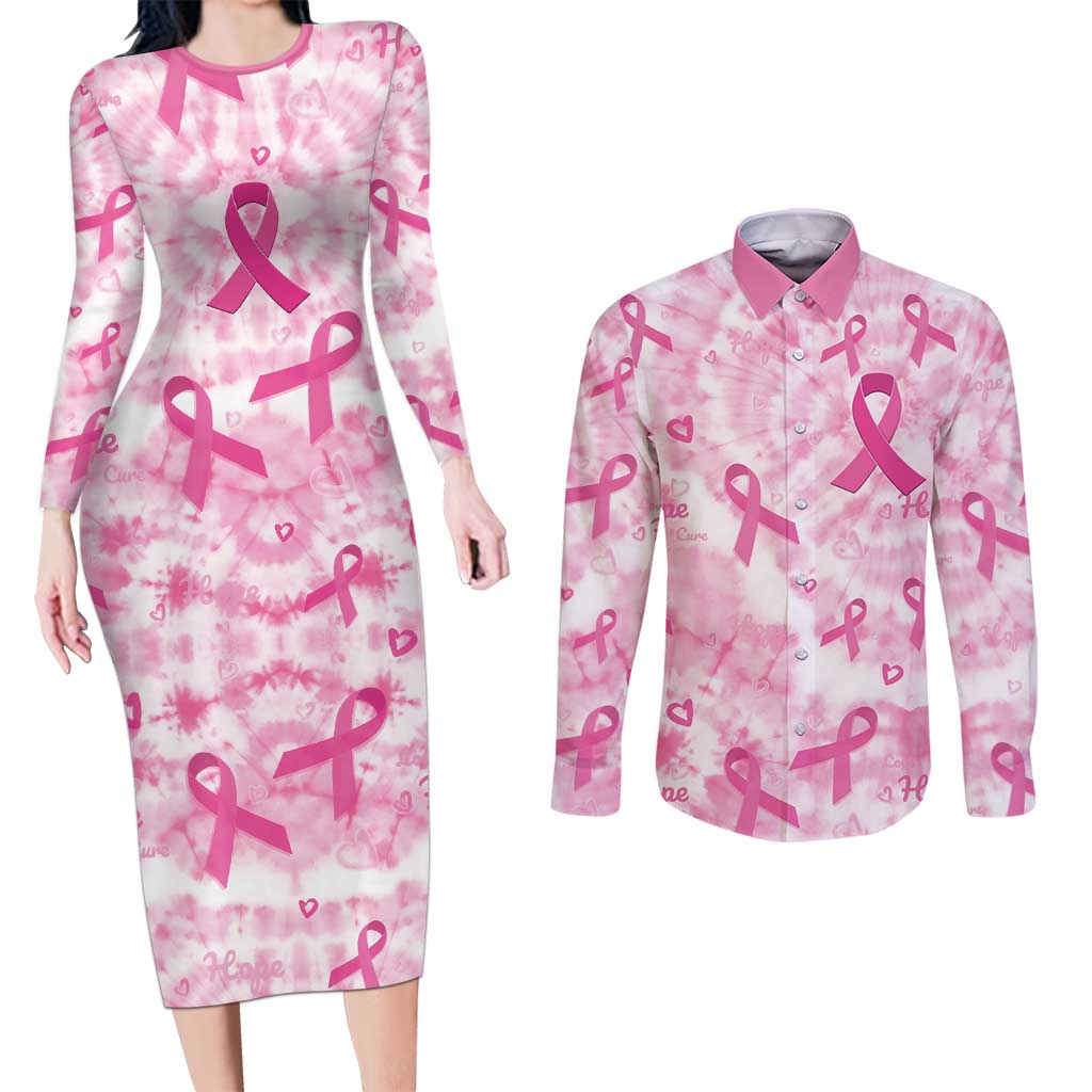 Breast Cancer Awareness Pink Ribbon Couples Matching Long Sleeve Bodycon Dress and Long Sleeve Button Shirt Tie Dye Style - Wonder Print Shop
