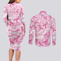 Breast Cancer Awareness Pink Ribbon Couples Matching Long Sleeve Bodycon Dress and Long Sleeve Button Shirt Tie Dye Style - Wonder Print Shop