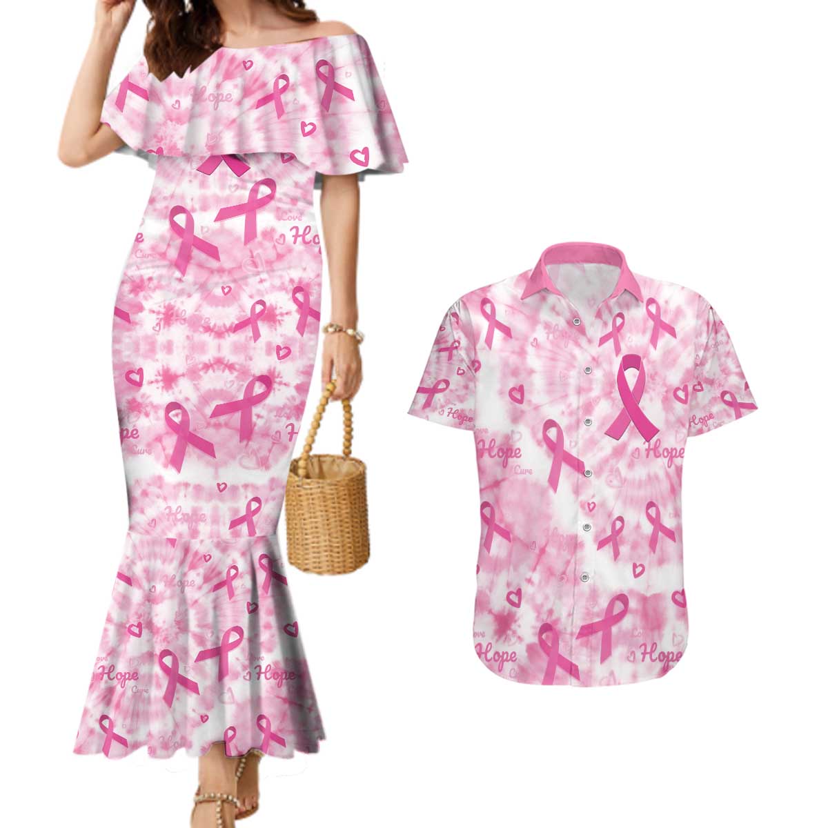 Breast Cancer Awareness Pink Ribbon Couples Matching Mermaid Dress and Hawaiian Shirt Tie Dye Style - Wonder Print Shop