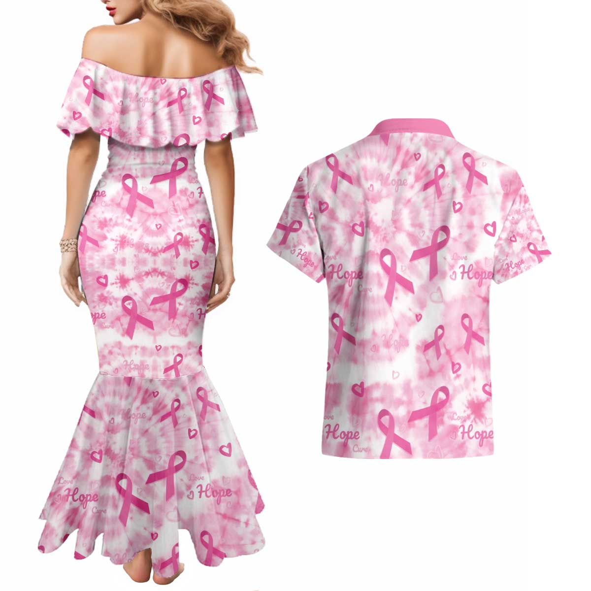 Breast Cancer Awareness Pink Ribbon Couples Matching Mermaid Dress and Hawaiian Shirt Tie Dye Style - Wonder Print Shop