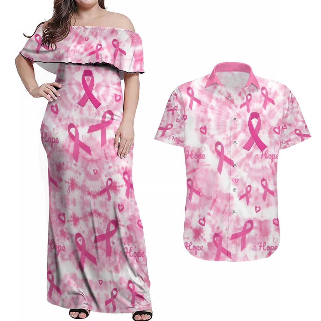 Breast Cancer Awareness Pink Ribbon Couples Matching Off Shoulder Maxi Dress and Hawaiian Shirt Tie Dye Style - Wonder Print Shop