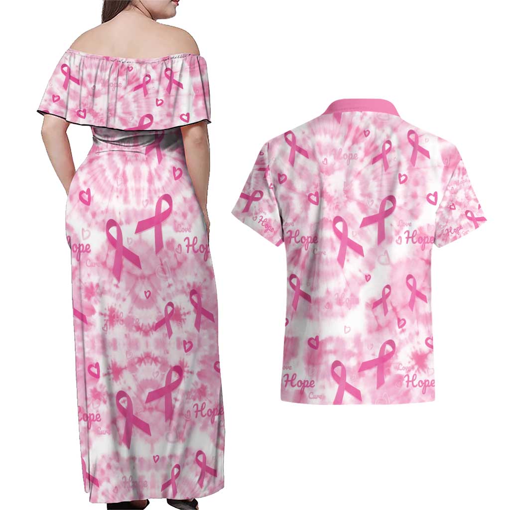 Breast Cancer Awareness Pink Ribbon Couples Matching Off Shoulder Maxi Dress and Hawaiian Shirt Tie Dye Style - Wonder Print Shop