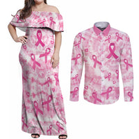 Breast Cancer Awareness Pink Ribbon Couples Matching Off Shoulder Maxi Dress and Long Sleeve Button Shirt Tie Dye Style - Wonder Print Shop