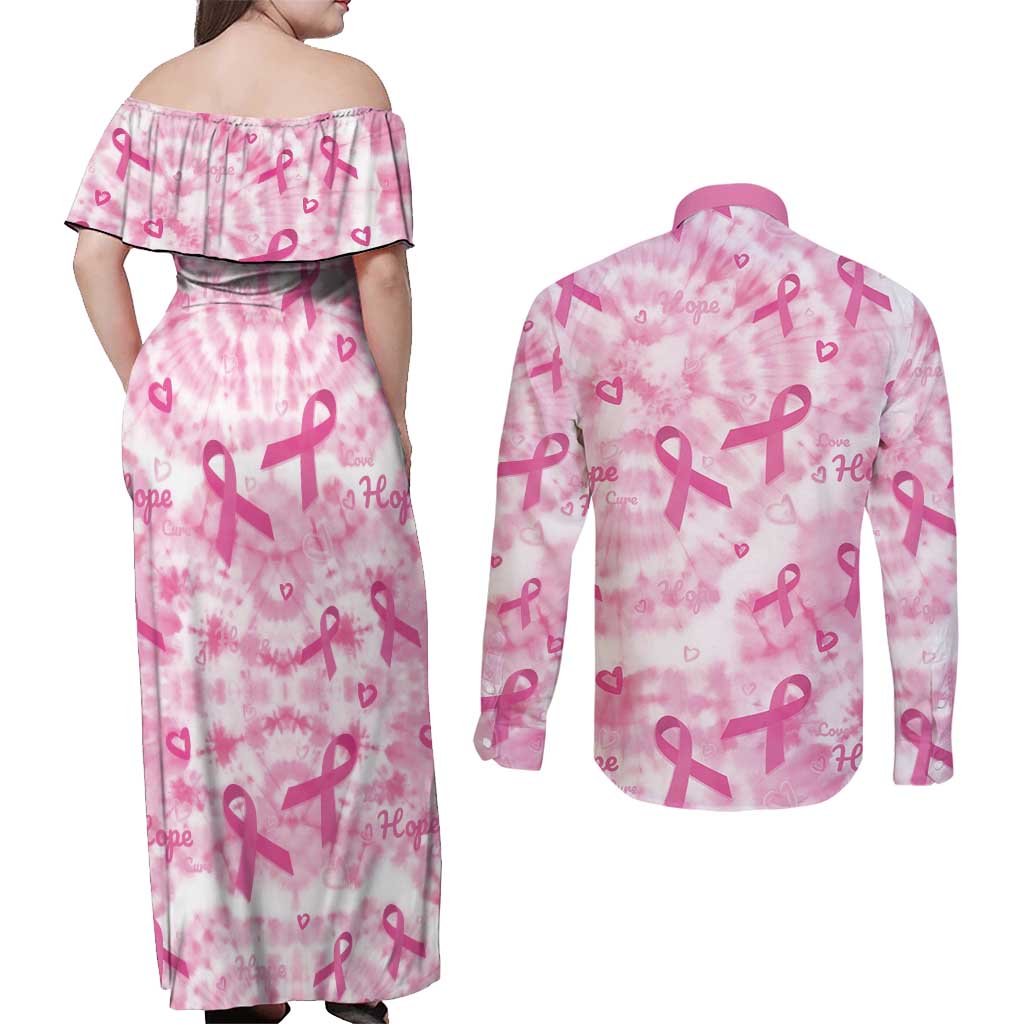 Breast Cancer Awareness Pink Ribbon Couples Matching Off Shoulder Maxi Dress and Long Sleeve Button Shirt Tie Dye Style - Wonder Print Shop