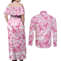 Breast Cancer Awareness Pink Ribbon Couples Matching Off Shoulder Maxi Dress and Long Sleeve Button Shirt Tie Dye Style - Wonder Print Shop