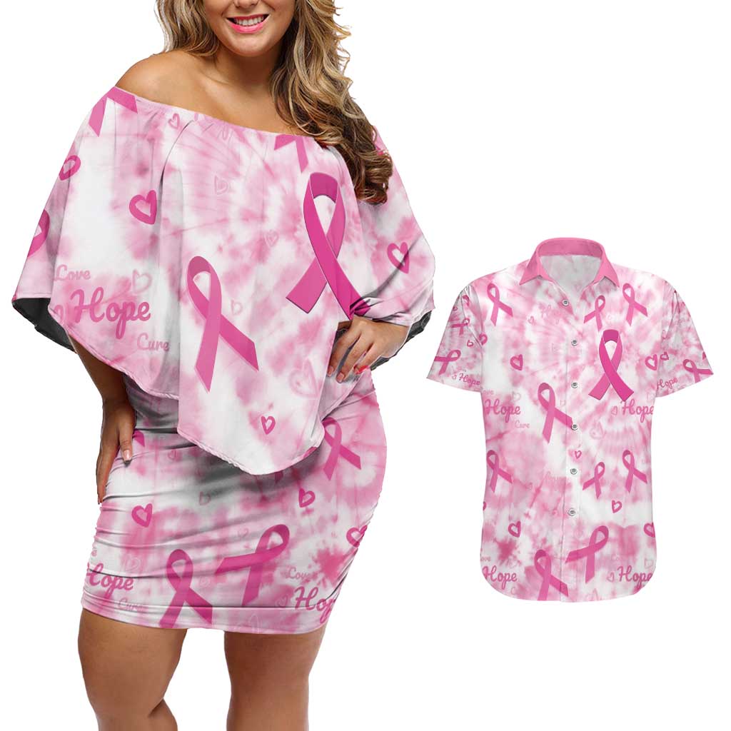 Breast Cancer Awareness Pink Ribbon Couples Matching Off Shoulder Short Dress and Hawaiian Shirt Tie Dye Style - Wonder Print Shop