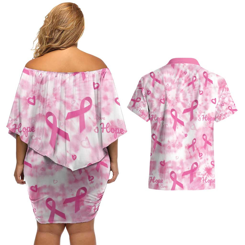 Breast Cancer Awareness Pink Ribbon Couples Matching Off Shoulder Short Dress and Hawaiian Shirt Tie Dye Style - Wonder Print Shop