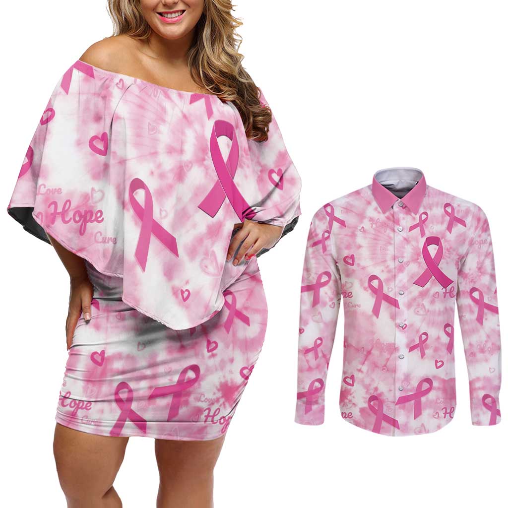 Breast Cancer Awareness Pink Ribbon Couples Matching Off Shoulder Short Dress and Long Sleeve Button Shirt Tie Dye Style - Wonder Print Shop
