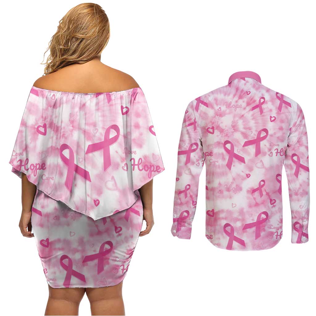 Breast Cancer Awareness Pink Ribbon Couples Matching Off Shoulder Short Dress and Long Sleeve Button Shirt Tie Dye Style - Wonder Print Shop