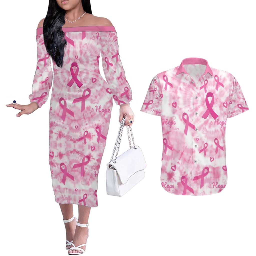 Breast Cancer Awareness Pink Ribbon Couples Matching Off The Shoulder Long Sleeve Dress and Hawaiian Shirt Tie Dye Style - Wonder Print Shop