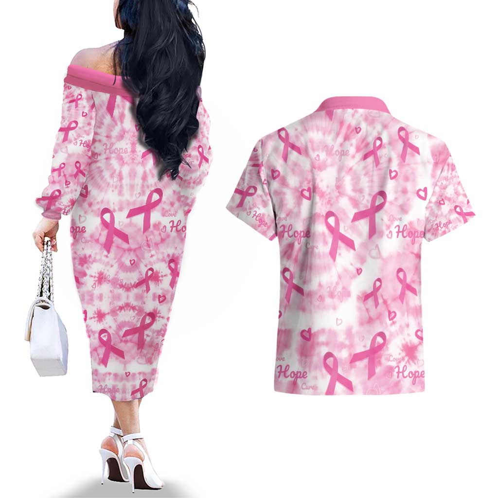 Breast Cancer Awareness Pink Ribbon Couples Matching Off The Shoulder Long Sleeve Dress and Hawaiian Shirt Tie Dye Style - Wonder Print Shop