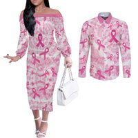 Breast Cancer Awareness Pink Ribbon Couples Matching Off The Shoulder Long Sleeve Dress and Long Sleeve Button Shirt Tie Dye Style - Wonder Print Shop
