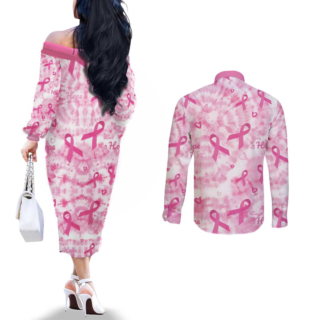 Breast Cancer Awareness Pink Ribbon Couples Matching Off The Shoulder Long Sleeve Dress and Long Sleeve Button Shirt Tie Dye Style - Wonder Print Shop