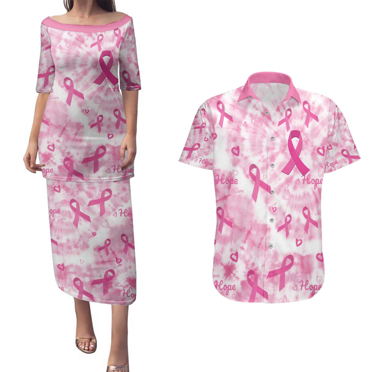 Breast Cancer Awareness Pink Ribbon Couples Matching Puletasi and Hawaiian Shirt Tie Dye Style - Wonder Print Shop