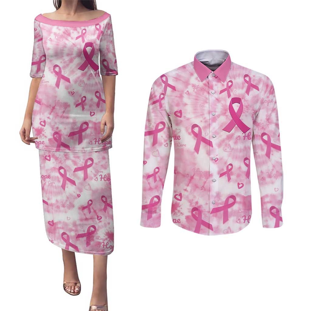 Breast Cancer Awareness Pink Ribbon Couples Matching Puletasi and Long Sleeve Button Shirt Tie Dye Style - Wonder Print Shop