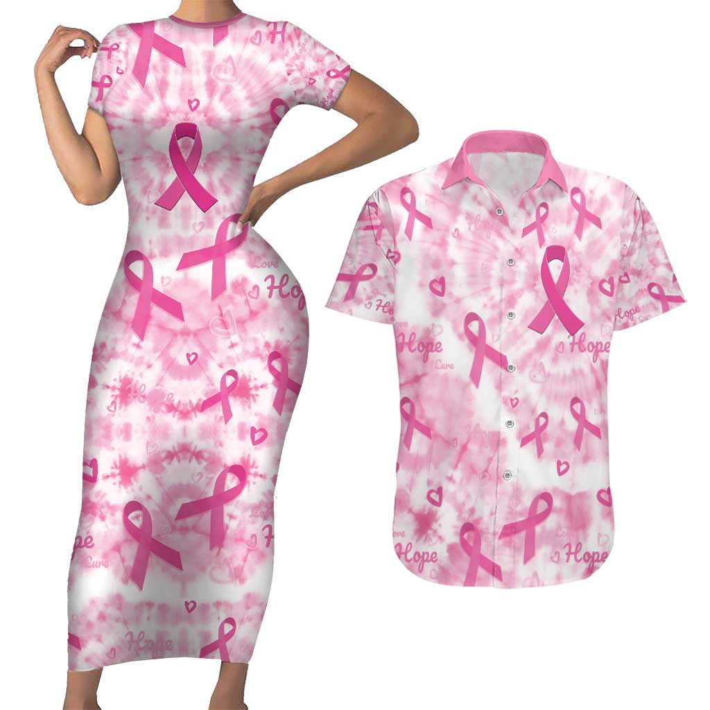 Breast Cancer Awareness Pink Ribbon Couples Matching Short Sleeve Bodycon Dress and Hawaiian Shirt Tie Dye Style - Wonder Print Shop