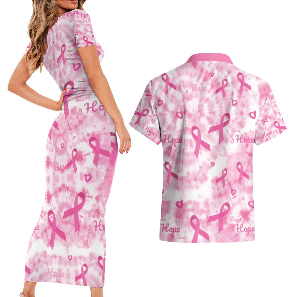 Breast Cancer Awareness Pink Ribbon Couples Matching Short Sleeve Bodycon Dress and Hawaiian Shirt Tie Dye Style - Wonder Print Shop