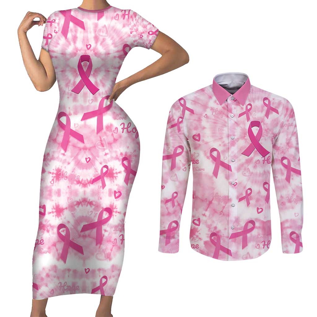 Breast Cancer Awareness Pink Ribbon Couples Matching Short Sleeve Bodycon Dress and Long Sleeve Button Shirt Tie Dye Style - Wonder Print Shop