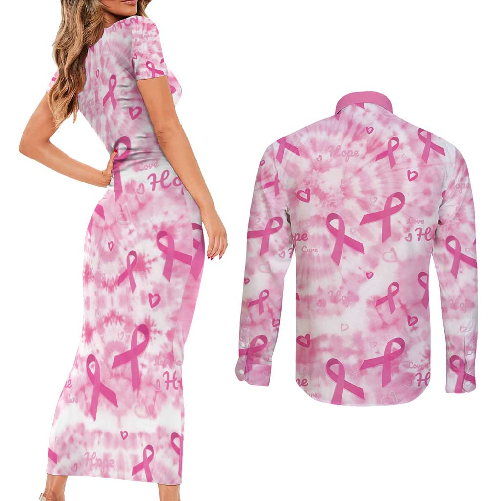 Breast Cancer Awareness Pink Ribbon Couples Matching Short Sleeve Bodycon Dress and Long Sleeve Button Shirt Tie Dye Style - Wonder Print Shop