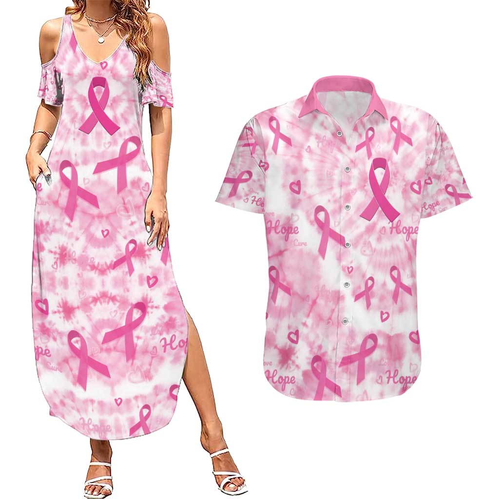 Breast Cancer Awareness Pink Ribbon Couples Matching Summer Maxi Dress and Hawaiian Shirt Tie Dye Style - Wonder Print Shop