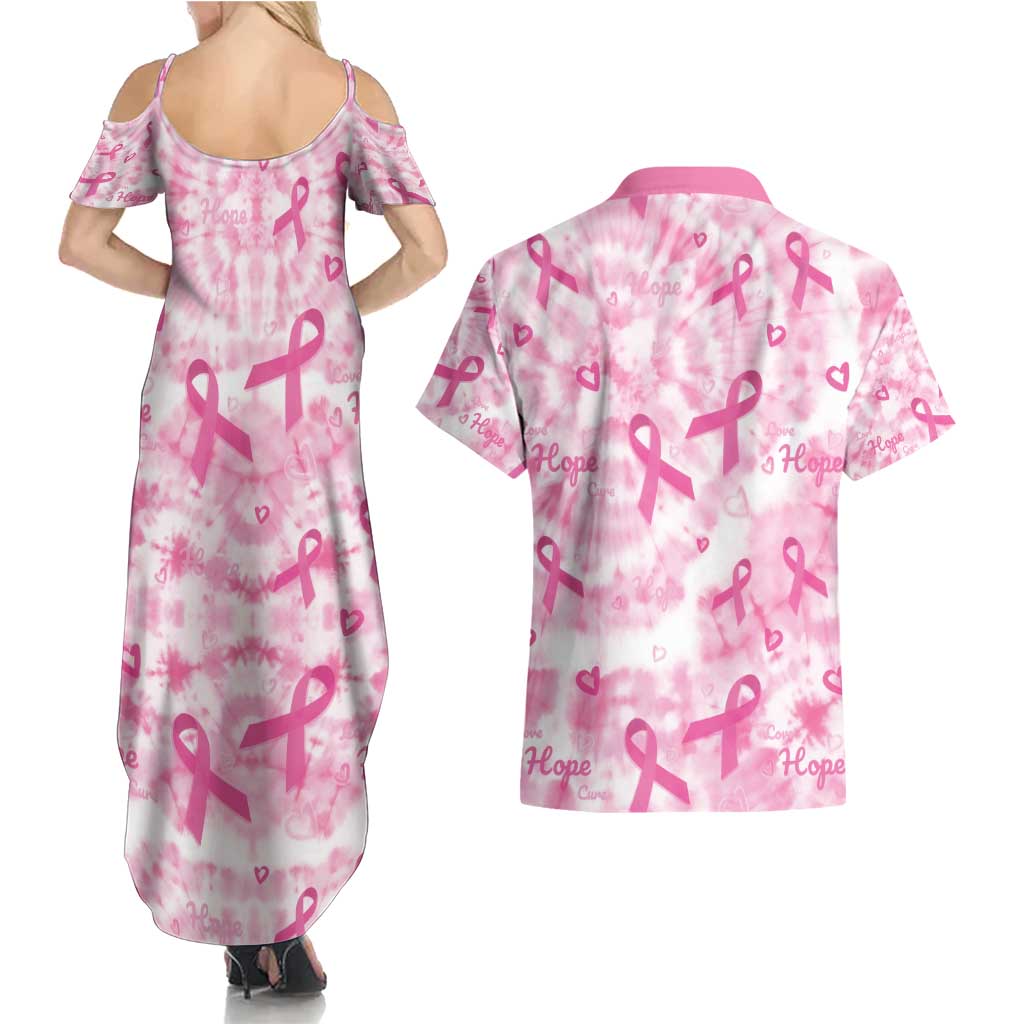 Breast Cancer Awareness Pink Ribbon Couples Matching Summer Maxi Dress and Hawaiian Shirt Tie Dye Style - Wonder Print Shop