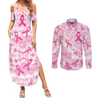 Breast Cancer Awareness Pink Ribbon Couples Matching Summer Maxi Dress and Long Sleeve Button Shirt Tie Dye Style - Wonder Print Shop