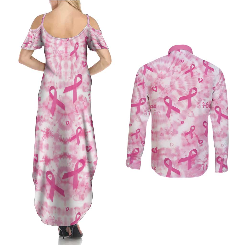 Breast Cancer Awareness Pink Ribbon Couples Matching Summer Maxi Dress and Long Sleeve Button Shirt Tie Dye Style - Wonder Print Shop