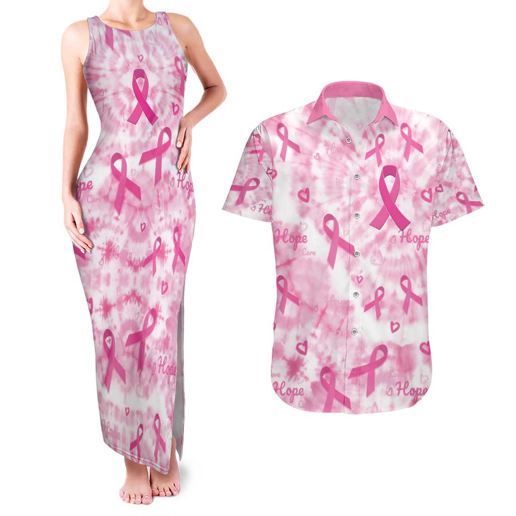 Breast Cancer Awareness Pink Ribbon Couples Matching Tank Maxi Dress and Hawaiian Shirt Tie Dye Style - Wonder Print Shop