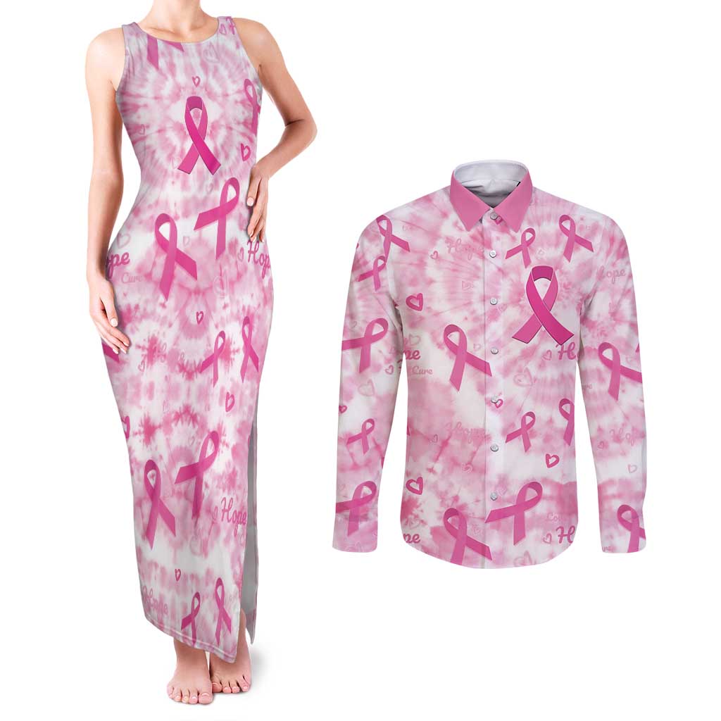 Breast Cancer Awareness Pink Ribbon Couples Matching Tank Maxi Dress and Long Sleeve Button Shirt Tie Dye Style - Wonder Print Shop